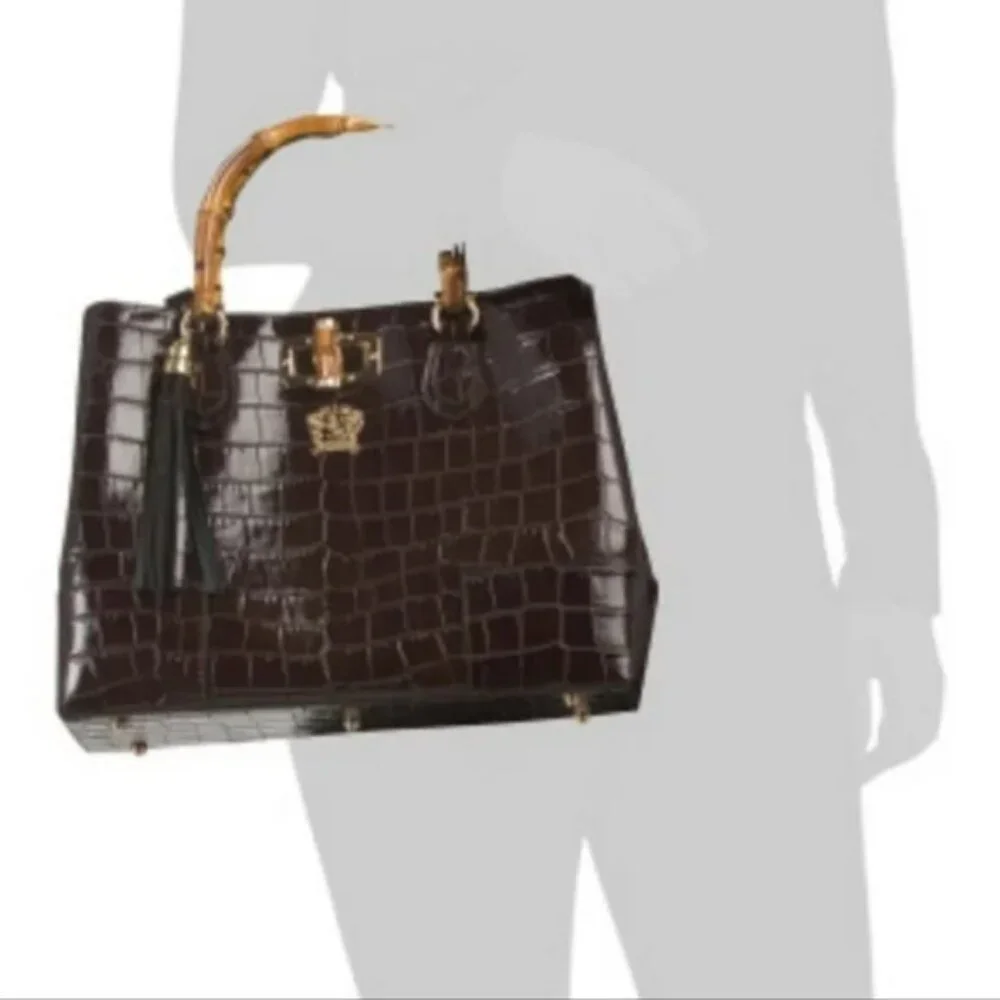 NWT ✅ Pratesi Firenze Italian K291 Triple Compartment Croc Leather Bag BROWN